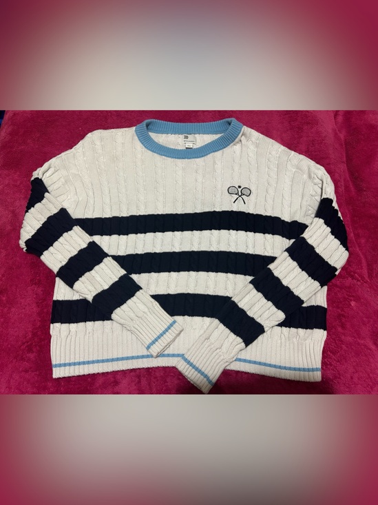 all in motion Sweaters - All In Motion White and Navy Striped Cable Knit Crewneck Sweater